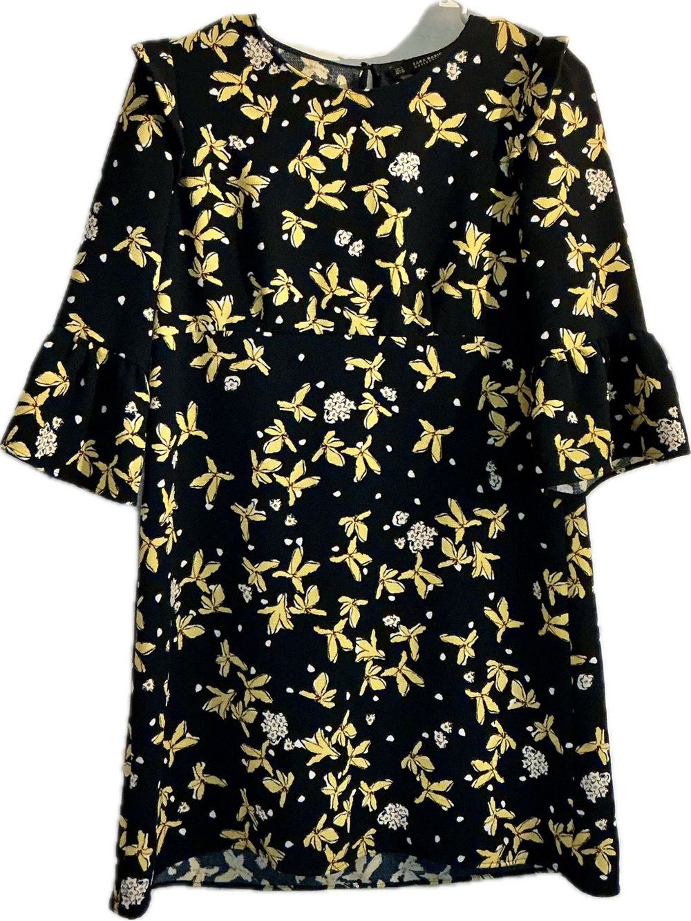 Zara Basic Floral Bell-Sleeve Shift Dress Medium Black & Yellow Boho